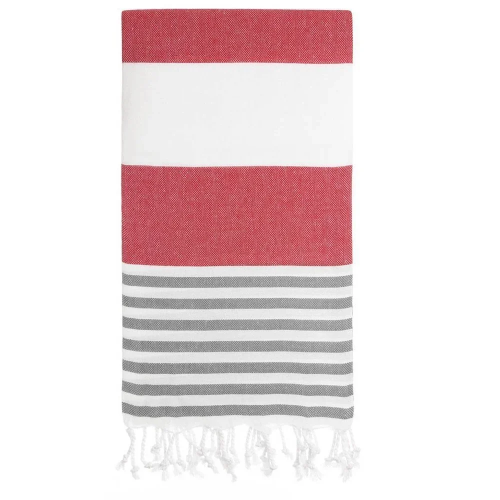 4 Red Anthracite Striped Beach Bath Towels - 100% Turkish Cotton